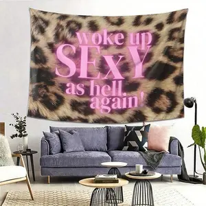 Sexy Wake Up" Leopard Print Wall Tapestry - Durable Polyester, Lightweight & Easy To Hang, Perfect For Living Room, Bedroom, Office Decor, Ideal Gift For Friends & Family, Party Decoration |   Playful Text Design |   Velvety Texture, Leopard Print Decor