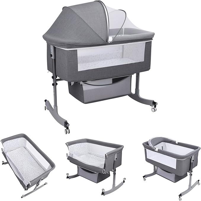 3 in 1 Bassinet - Baby Bassinet with Comfy Mattress, New Bassinet Bedside Sleeper, Portable Bedside Bassinet for Baby Girl Boy with Wheels, Easy to Assemble