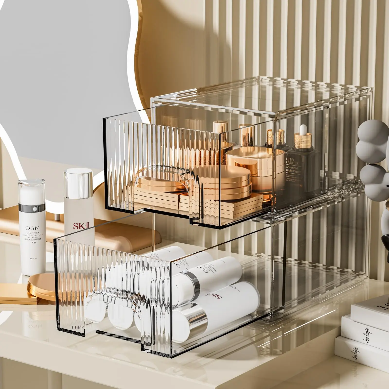 2 Pack Striped Stackable Acrylic Makeup Drawers Organizer, Clear Acrylic Cosmetic Storage Makeup Organizer Box with Drawers for Skincare Vanity Bathroom Pantry Organization Stackable