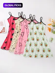 Women's Cartoon Heart Print Contrast Binding Cami Nightdress, Casual Soft Comfortable Sleeveless Nightgown for All Seasons, Lady's Sleepwear for Indoor Wear