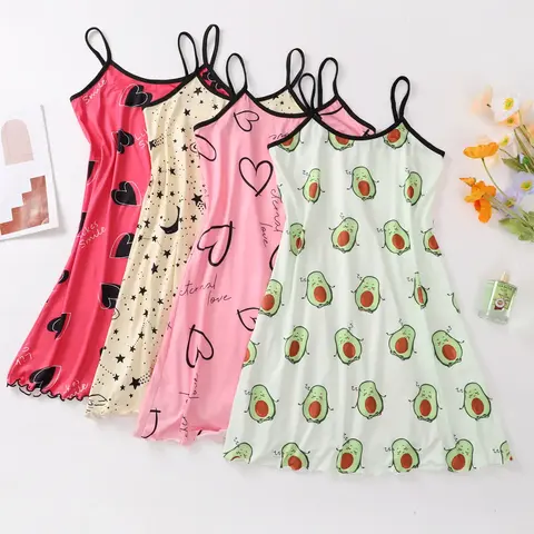 Women's Cute Cartoon Heart-Print Contrast-Binding Cami Nightdress, Soft Comfortable Sleeveless Fitted Nightgown for All-Season, Everyday, Ladies' Casual Sleepwear Loungewear, Nightwear Loungewear