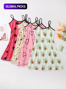 women's cartoon print contrast binding cami nightdress, casual soft comfortable sleeveless nightgown for all seasons, lady's sleepwear for indoor wear,  night gown for women