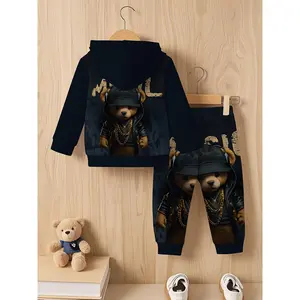 This baby boy hooded sweatshirt set features a stylish hooded bear print, providing a comfortable and relaxing experience for spring and autumn outings, Perfect for Outdoor