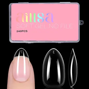 Short Almond Nail Tips, 15 Sizes 240PCS Preshaped Soft Clear Gel Nails Tips Full Cover False Nails Tip Short Almond Shaped Tips