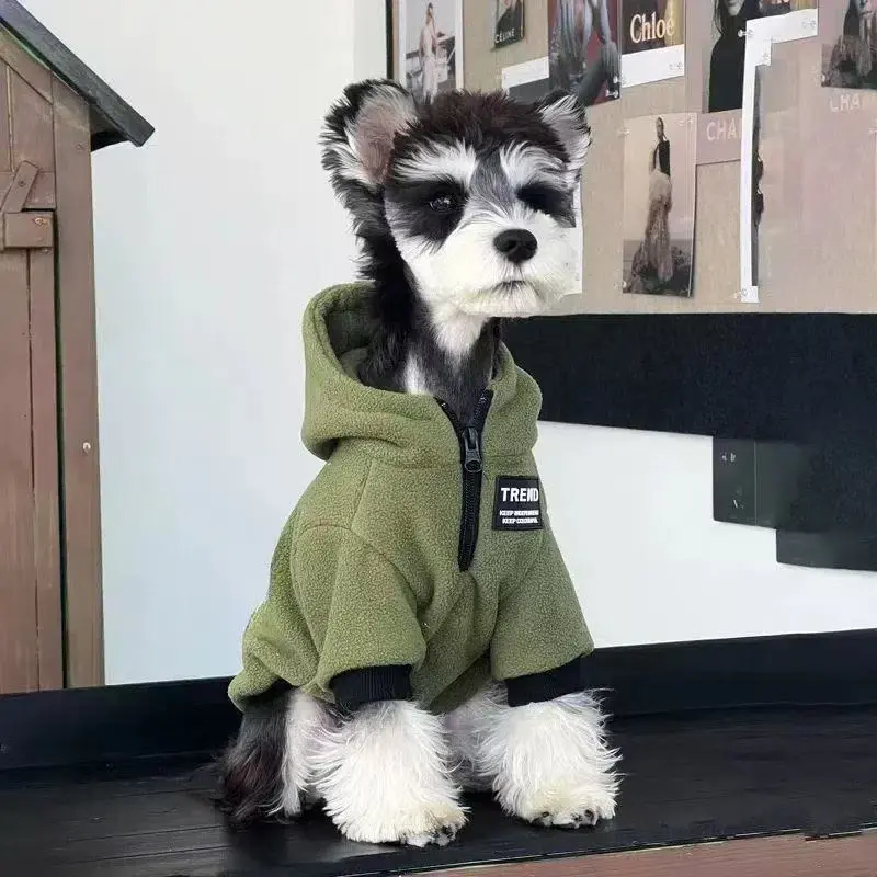 Pet Dog Hooded Sweatshirt with Zipper, Schnauzer Teddy Pomeranian Small Dogs Two-Legged Clothes, Winter Warm Thick Fleece Pet Sweater, Military, Puppy Cute, Husky Clothes