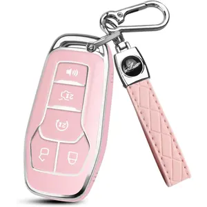Key Fob Cover for Ford with Key Chain, Soft TPU Car Key Case Shell for Ford Mustang Fusion Explorer Edge Lincoln MKC MKX MKZ, Full Protector Holder for 5 Button Keyless Entry Remote, Pink