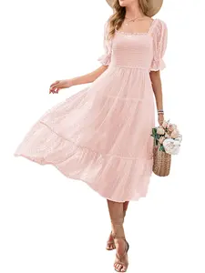 ZEAGOO Women's Puff Sleeve Summer Boho Midi Dress Ruffle Flowly Swiss Dot Square Neckline Tiered Tie Strap Dress