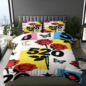 Romantic 520 Duvet Cover Set, Cozy Soft Rose & Record Player Pattern, Premium Breathable Microfiber, Lightweight All-Season Bedding