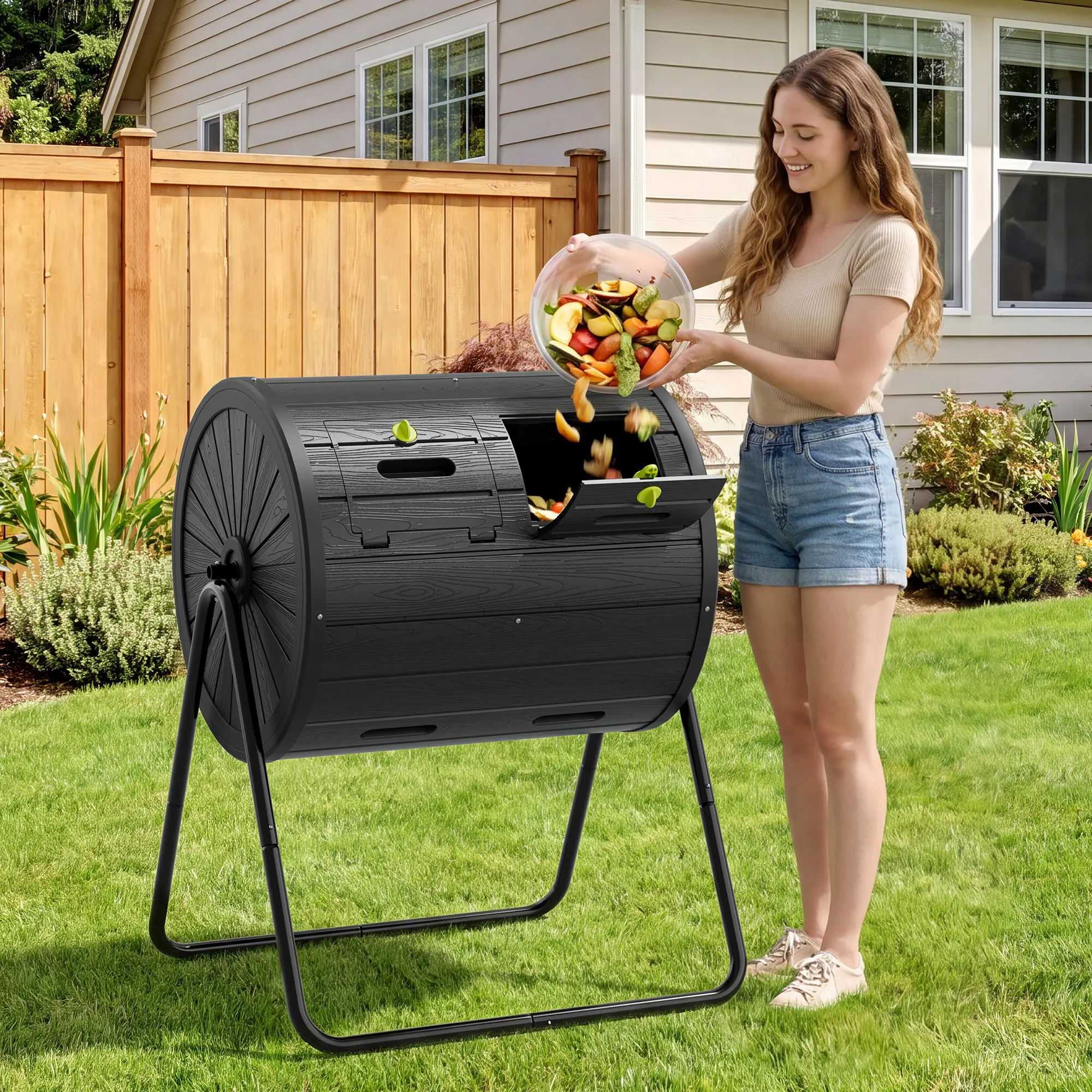 BIFANUO 40 Gallon Dual-Chamber Tumbling Compost Bin, 360° Rotating Outdoor Composter,  All-Season Fast Composting Bin for Garden, Yard, and Kitchen Waste