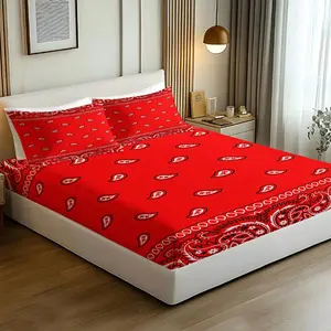 Red Paisley Print Fitted Sheet Set, Comfortable and Durable Bedding Mattress Protector, Mattress Protection, All-Season Use, Ideal for Ethnic Style Bedroom and Guest Room Decor