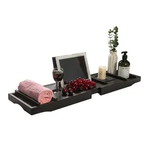 Bathtub Tray Caddy - Expandable Adjustable Bamboo Bath Caddy - Bathtub Tub Table Organizer - Unique Housewarming Gift for New Home, Black