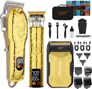 LQT Vintage Gold Embossed 3-in-1 Men’s Grooming Kit - Cordless Hair Clipper, Adjustable Carving Trimmer, Smooth Electric Shaver, Durable Storage Case & Complete Accessories, Ideal Daily Gift