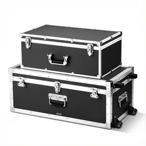 VEVOR Metal Storage Trunk, Set of 2, Wooden Suitcase Storage Boxes with Padlocks, Large Trunk Includes Casters and 3 Metal Handles, Decorative Store Chest with Lids for Travel, Apartment, Dorm, Black