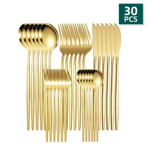 Stainless Steel Cutlery Set, 30 Piece Stainless Steel Gold Portuguese Knife Fork Spoon Flatware Set, Suitable for Family Gatherings, Holiday Parties, Wedding Essentials Tableware Kit Stylish