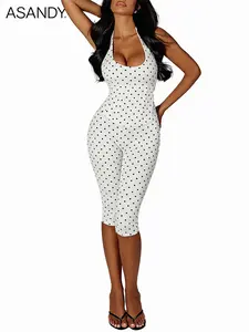 ASANDY Women's Polka Dot Halter Top & Capri Pants Set – Form-fitting two-piece outfit, sleeveless slim-fit co-ord set