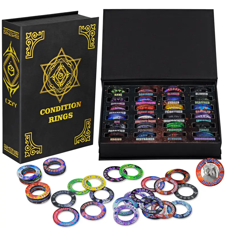 Upgraded DND Condition Rings 96 Status Effect Markers with Color Printing in 24 Conditions & Spells, and with Magic Book Storage Box Ideal Tabletop RP