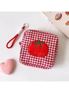 Tomato Grid Small Square Bag, Multi-Functional Portable Cosmetic Pouch, Ccd Camera Sanitary Pad Storage, Compact Organizer