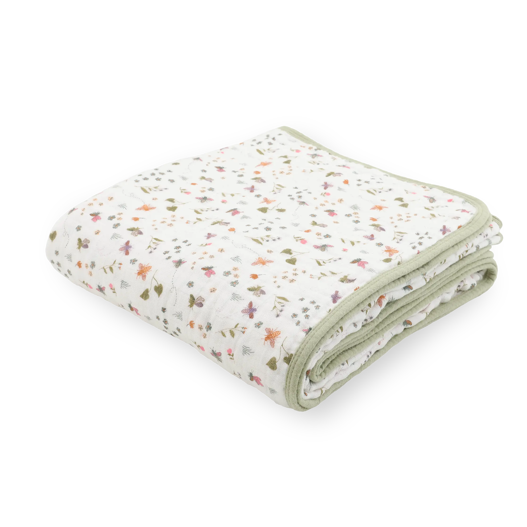 Original Cotton Muslin Quilt, Playful Garden Bees Print - Machine Washable for Nap Time
