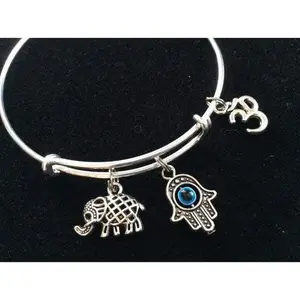 Hamsa Om and Lucky Elephant on a Silver Adjustable Bangle Charm Bracelet Expandable Charm Bracelet