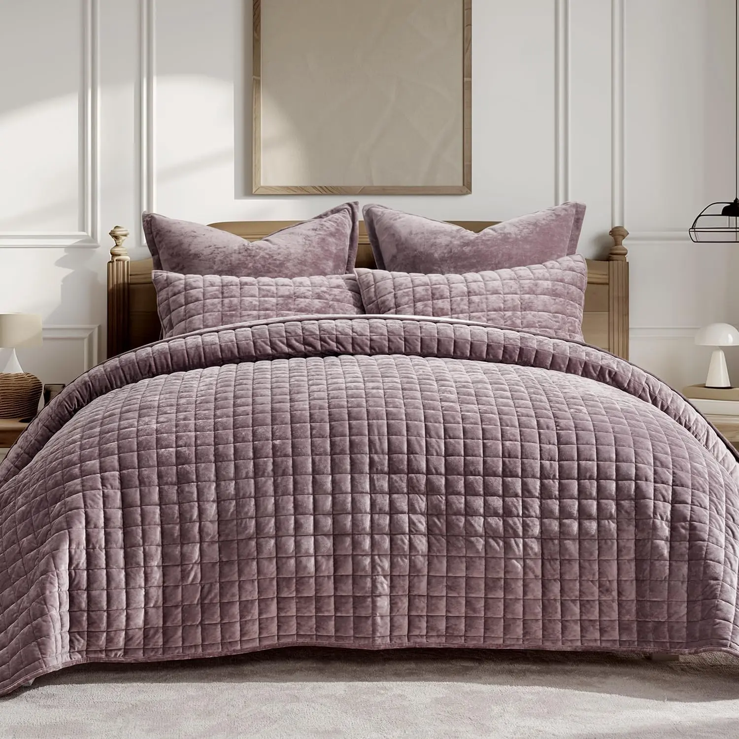 Full-Queen Size Ultra Soft Velvet Breathable Duvet Set - 3-Piece Quilt Set with Lightweight Geometric Channel Box Oversized Coverlet & 2 Shams, Modern All Seasons Purple Bedding Collection, Classic