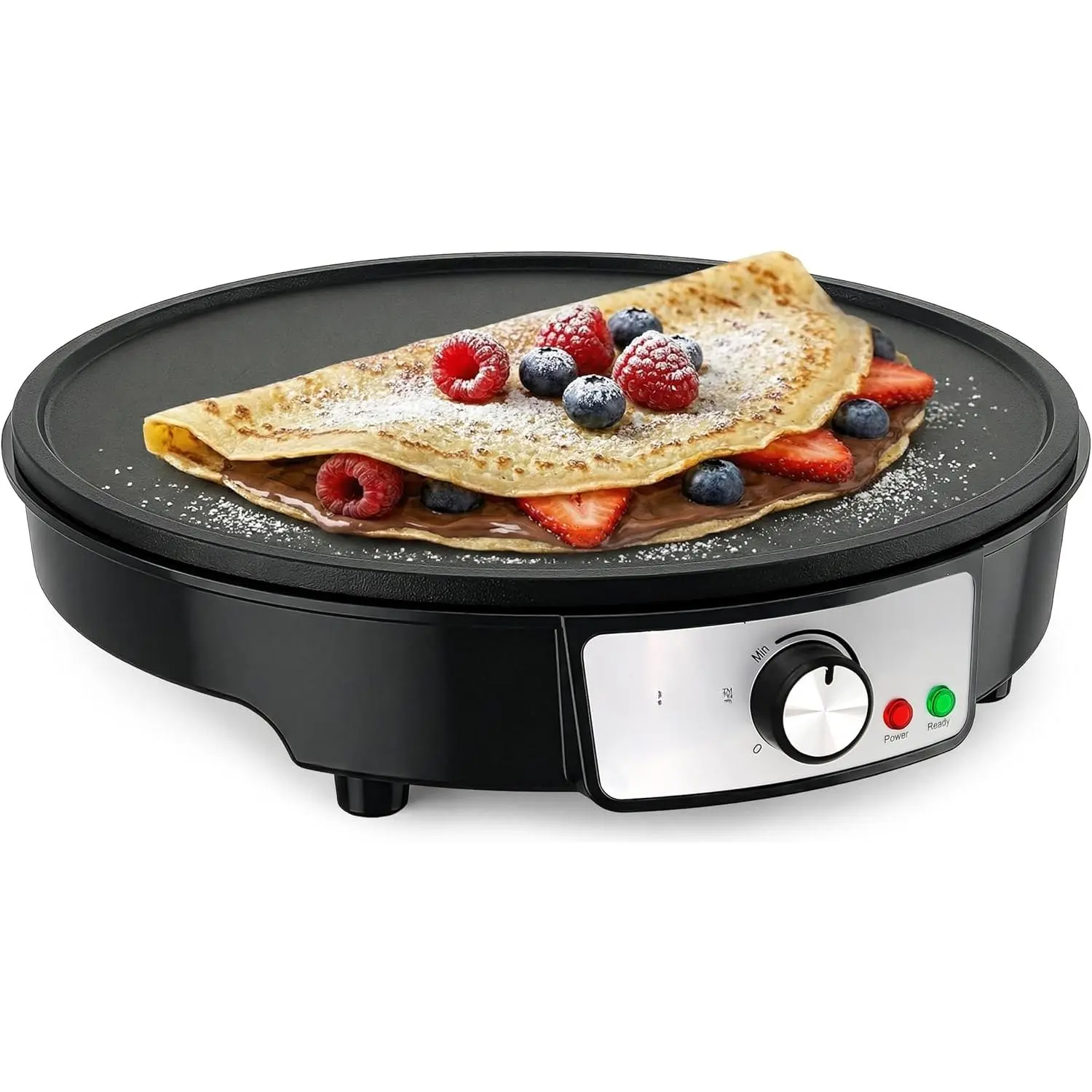 Electric Pancake Maker with Non-Stick 12in Aluminum Griddle Plate, Adjustable Temperature Control, LED Indicator Light, Wooden Spatula and Batter Spreader