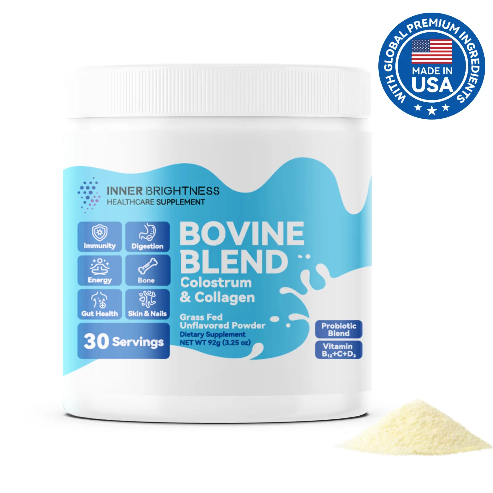 Bovine Colostrum & Collagen Powder for Gut Health, Immune Support, Hair Growth & Beauty Supplement, Sugar Free – IgG, Probiotics, Vitamin B12, C, D3 – Unflavored, 30 Servings collagen  peptide  powder
