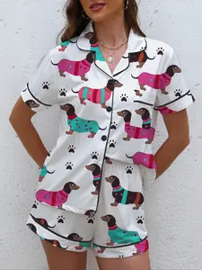 Cute Dog Print Women's Pajama Set, Soft Shirt Collar Top & Elastic Shorts, Casual Home Wear, Holiday Party Sleepwear