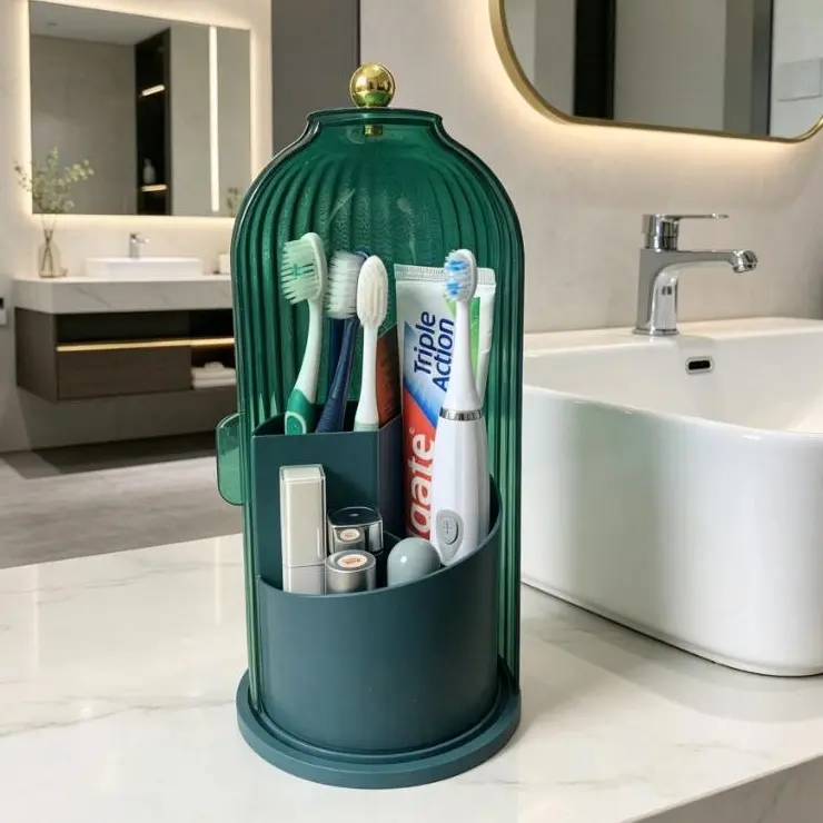 Toothbrush Holder for Bathroom, 3 Slot Dustproof Toothbrush Toothpaste Holder with Lid, 360 Rotating Bathroom Countertop Organizer, Non-Slip Base Vanity Caddy for Family Bathroom Dorm Small Space