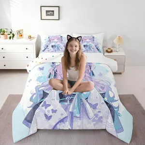 Girls Bedding Japanese Style Comforter Set,D Anime Girl Duvet Insert,Cartoon Kawaii Kimono Girl Bedding Comforter Sets