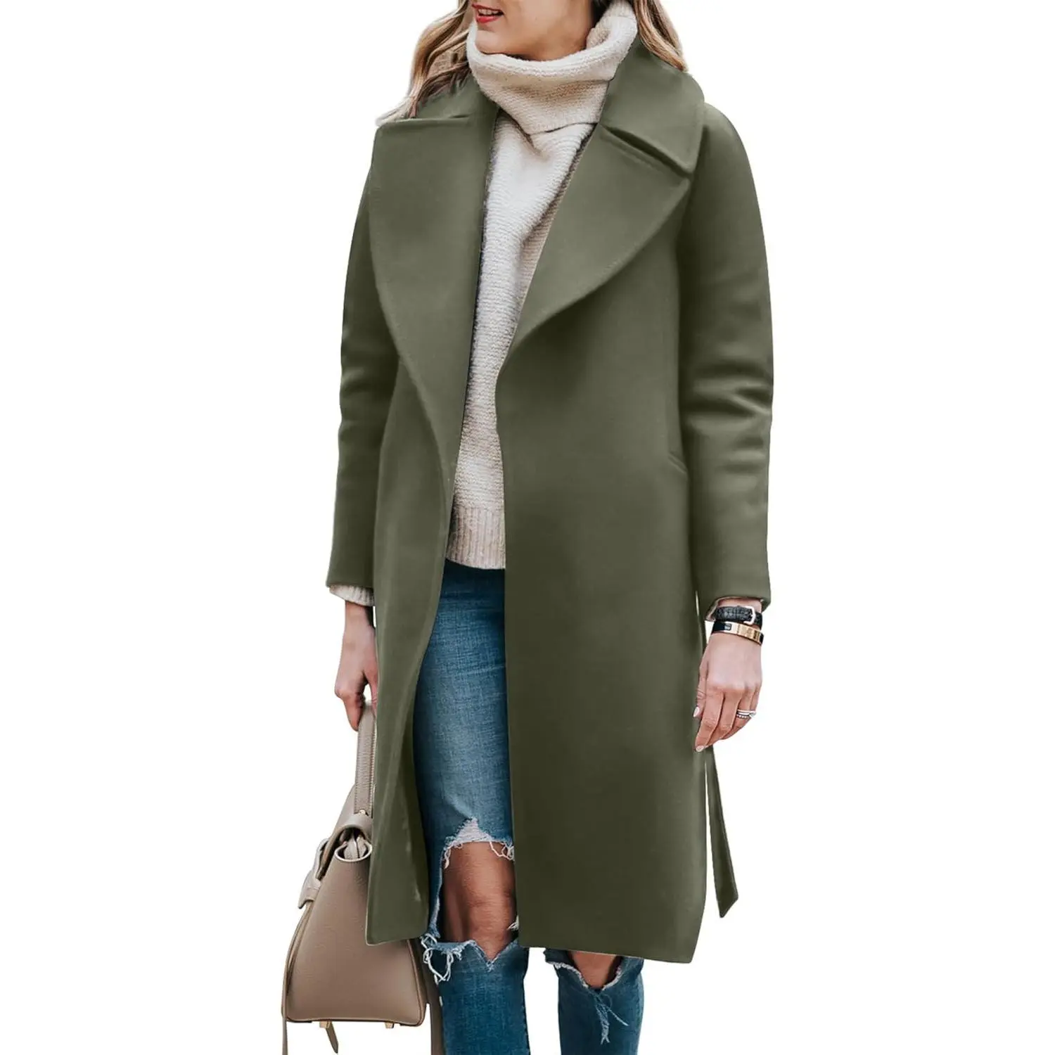 Women's Long Sleeve Belted Trench Coat - Wool Blend Pea Coat, Winter Casual Overcoat with Notched Lapel Collar, Belted Women's Trench & Rain Jacket Outerwear, Tops