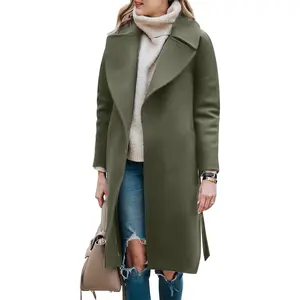 Women's Trench Coat Long Wool Blend Pea Coat Winter Casual Overcoat Notched Lapel Collar Belted Long Jacket Outerwear