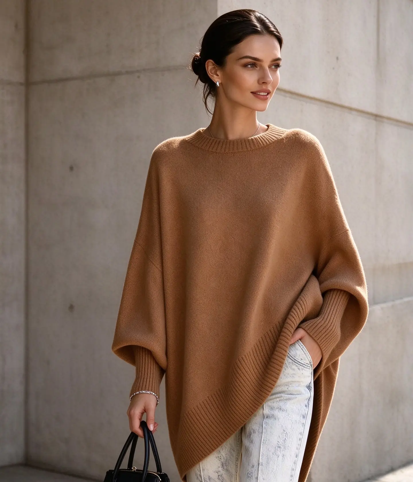 SOFT INTENTION Women's Oversized Knit Poncho Sweater, Loose Batwing Sleeve Crewneck Pullover, Soft Cozy Casual Top for Fall & Winter