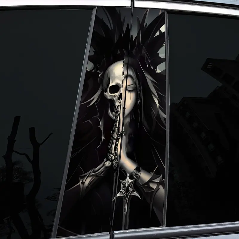 2Pcs Scary Skull Creative Pattern Car B Pillar Sticker - Soft Light, Lightning - Durable PVC Sticker, Car Pillar Sticker, Sticker For Cars, For Vehicle Windows - Car Lovers Decoration, Art Personalization, Car Stickers