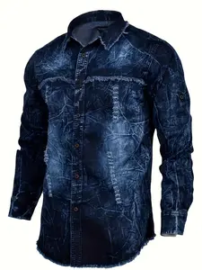 Men's Distressed Denim Shirt Vintage Dark Blue Washed Cowboy Style with Rips & Tears Brown Button Long Sleeve Casual Top for Men