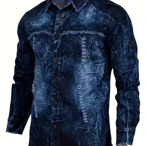 Men's Distressed Denim Shirt Vintage Dark Blue Washed Cowboy Style with Rips & Tears Brown Button Long Sleeve Casual Top for Men