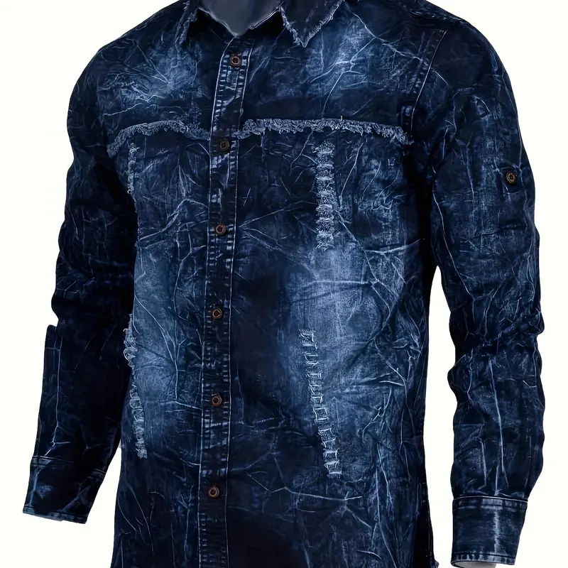 Men's Distressed Denim Shirt Vintage Dark Blue Washed Cowboy Style with Rips & Tears Brown Button Long Sleeve Casual Top for Men