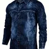 Men's Distressed Denim Shirt Vintage Dark Blue Washed Cowboy Style with Rips & Tears Brown Button Long Sleeve Casual Top for Men