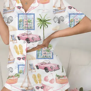 Pink Vintage Car Pajama Set, Summer Beach Vacation PJs, Cute Cocktail Palm Tree Print, Women Short,Long Sleeve Lounge Set Gift