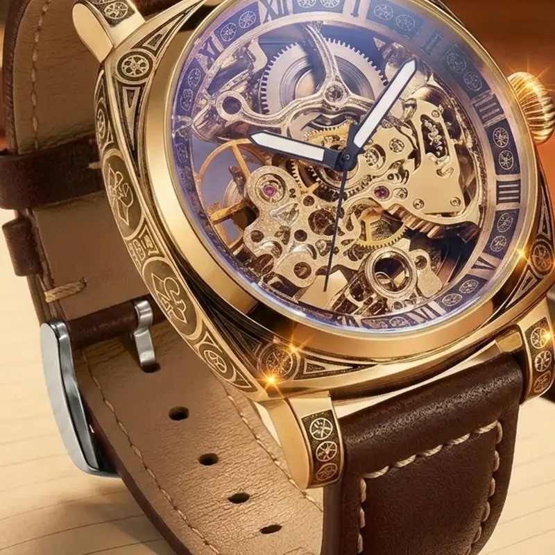 Men's Business Style Night Light Floral Automatic Tourbillon Open Heart Mechanical Watch, Analog Watches, Dial, Round Face, Buckle Closure, Elegant Watch #GLOBAL PICKS