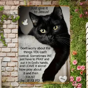 1pc Inspirational Black Cat Vintage Metal Tin Sign - "Just Give It to Jesus" Religious Wall Art, 8x12 Inch, Rustic Distressed Design with Golden-Brown Border & 3D Effect, Retro Iron Decorative Plaque for Home, Office, or Bar, Cat