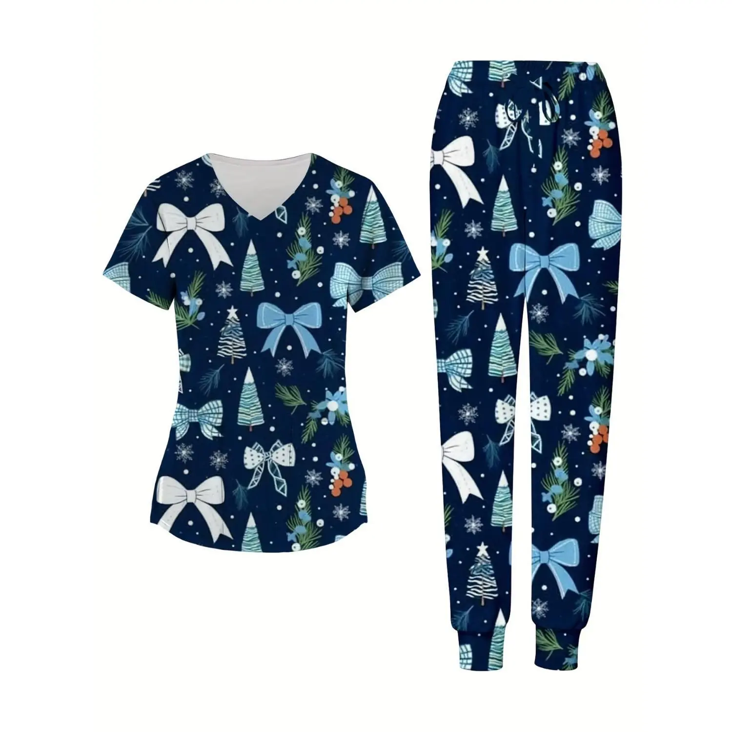 Christmas V-Neck Short Sleeve Top & Long Sleeve Pajama Set - Dark Blue with Festive Tree, Bow, and Snowflake Pattern