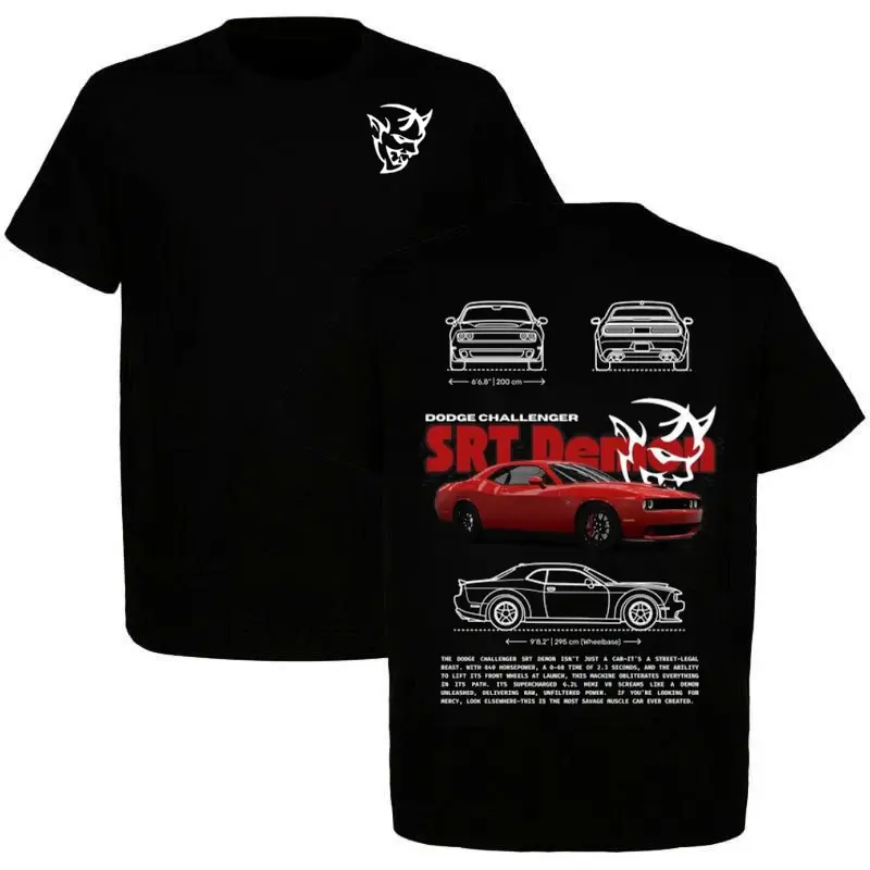 Dodge Challenger Demon SRT Red T-Shirt/Hoodie – Red Muscle Car Blueprint Graphic Tee, Mopar Streetwear Top Menswear Car Enthusiast Gift For Men