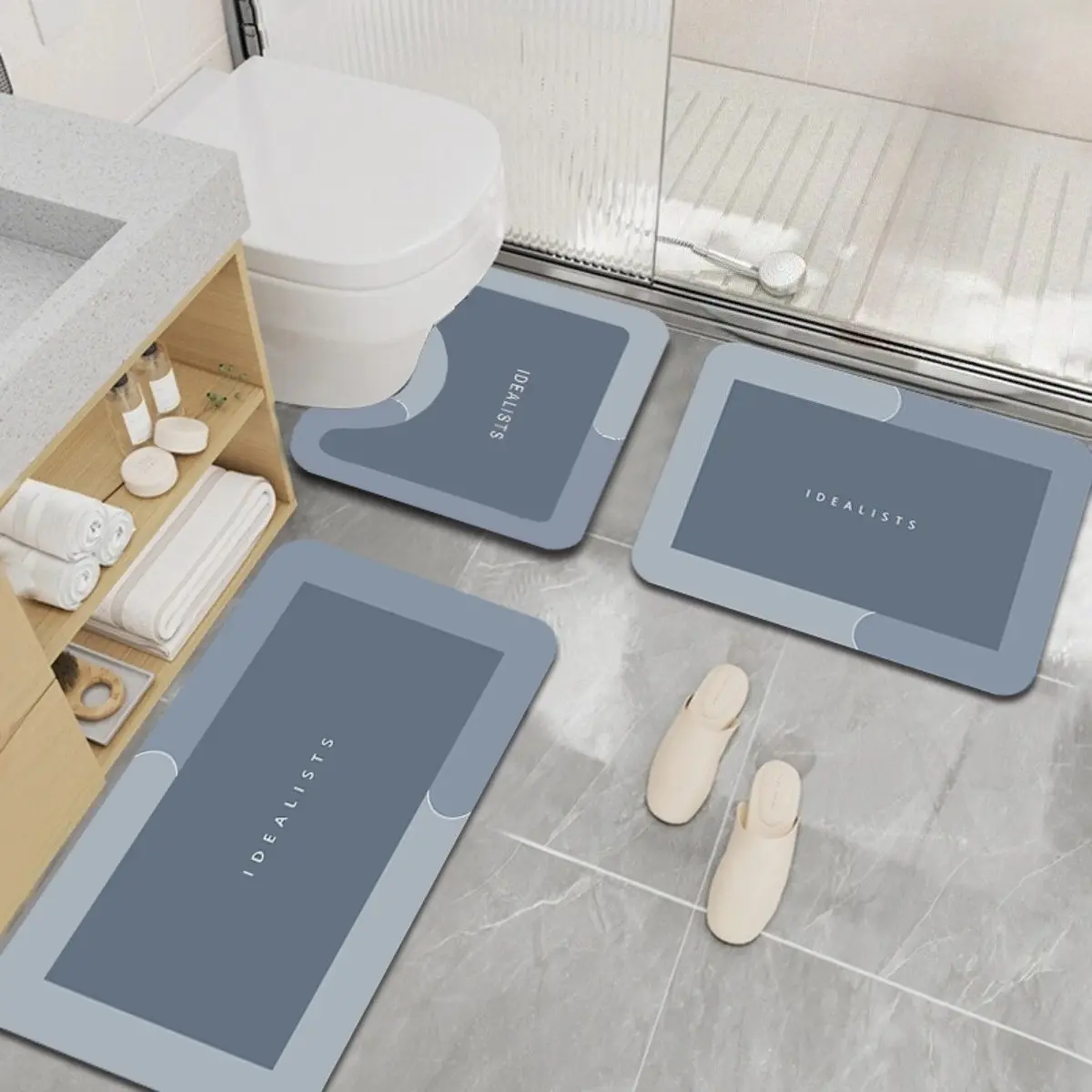 Diatomaceous Earth Bath Mat 3 Piece Set U Shaped Toilet Mat Absorbent Fast Drying Bathroom Floor Mat Non Slip Waterproof Modern Minimalist
