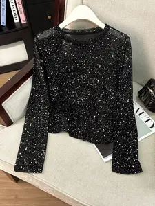 Fashionable Women's Semi-Transparent Sparkle Fitted T-Shirt Top, Sexy Transparent Fabric Design, Perfect for Dates, Vacation, Travel, Outdoors, Womenswear