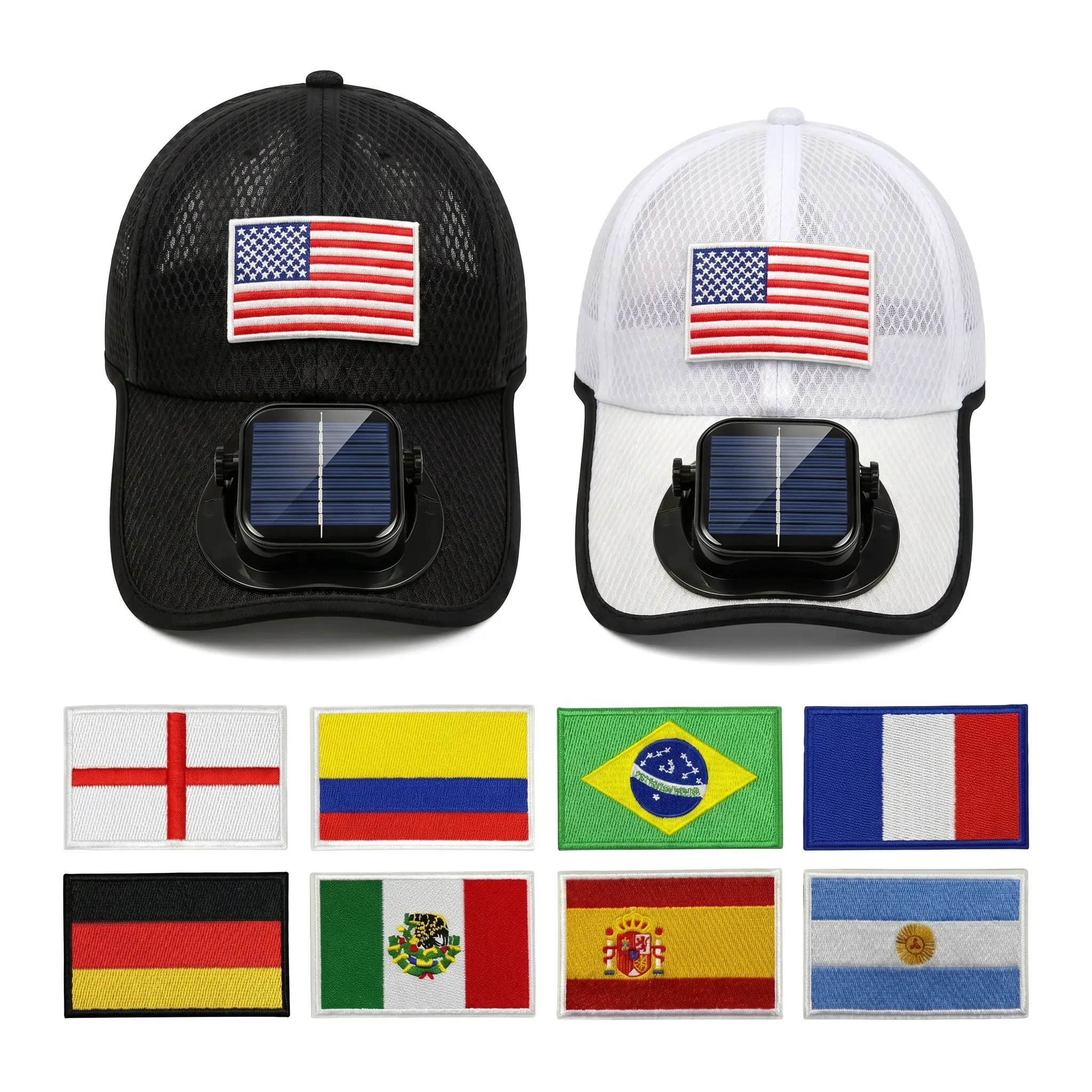 Solar Powered Fan Hat, Breathable Mesh Baseball Cap with 3-Speed Cooling Fan, USB Rechargeable Sun Protection Hat with American Flag Patch, Outdoor Cooling Cap for Golf Fishing Hiking Sports