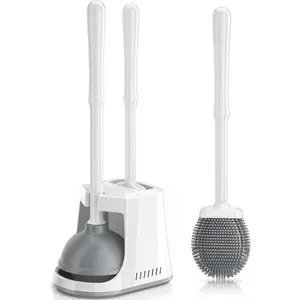 Unique Toilet Plunger and Brush, Silicone Brush and Heavy Duty Toilet Plunger Set with Ventilated Holder, 2-in-1 Toilet Brush and Plunger Combo for Bathroom Cleaning-New Pack (White)