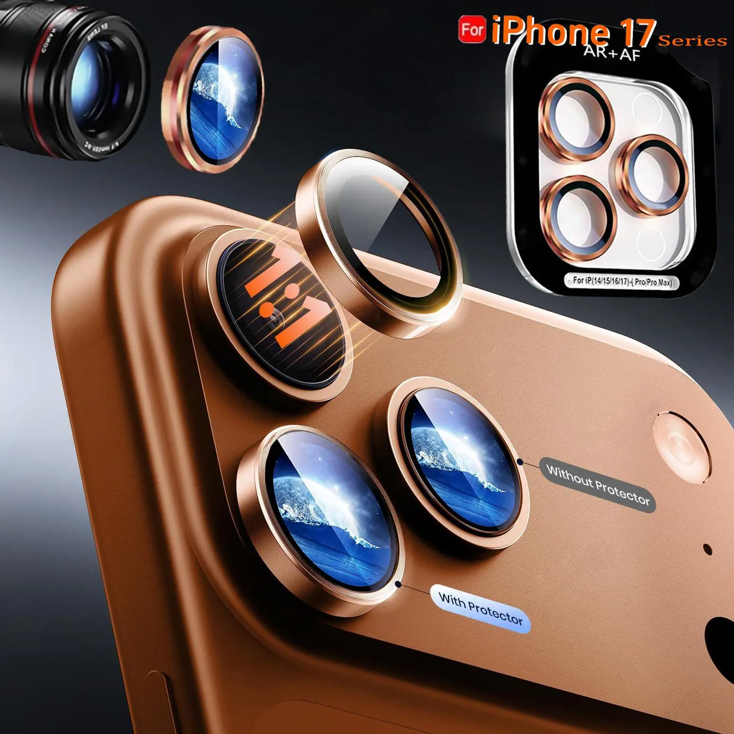 HD Camera Lens Protector Tempered Glass For iPhone 17 Pro Max Metal Ring Camera Full Cover Film For iPhone 15 16 Pro Max Case