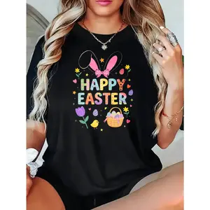 Women Casual T Shirt Black Happy Easter Bunny Ears Flowers Basket And Eggs Print