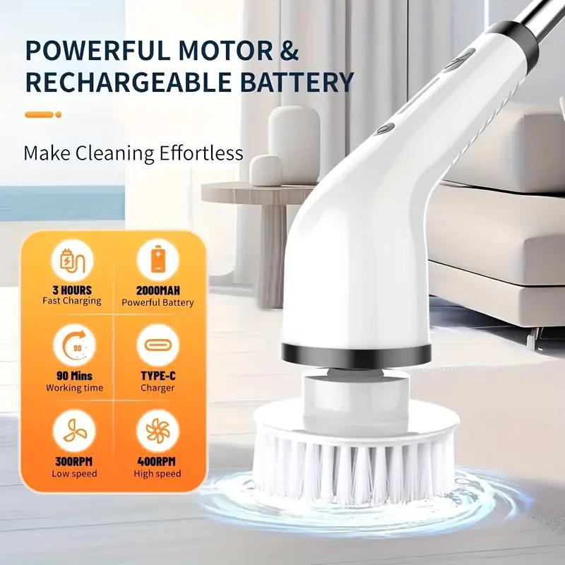 Electric Spin Scrubber, Cordless Shower Scrubber with 8 Scrub Brush, 2 Speed with Adjustable Extension Handle,  Power Scrubber for Bathroom Bathtub Tile Floor
