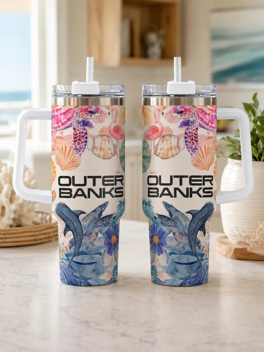 OBX5 Outer Banks 40oz Tumbler, Coastal Sea Turtle & Shark Travel Cup With Handle and Straw, Beach Lover Gift for Fans